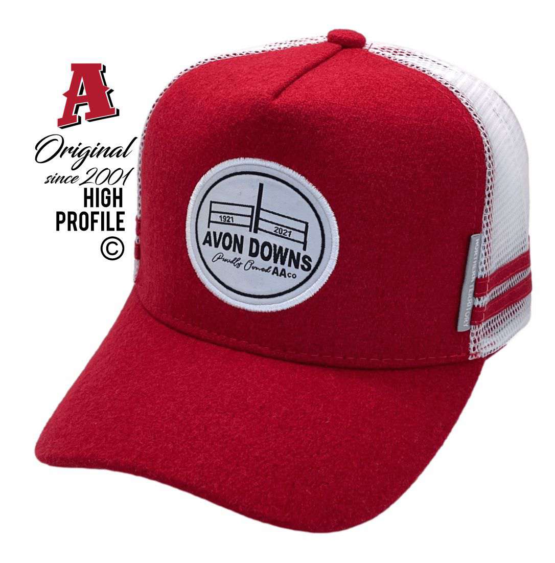 Avon Downs Station Mount Isa QLD 4825 HP Midrange Aussie Trucker Hats Australian HeadFit Crown & Double SideBands snapback rear closure wool red Livestock