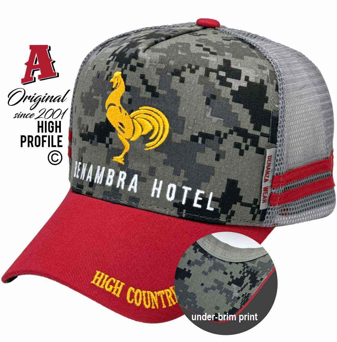 Benambra Hotel Benambra Vic 3900 Midrange Aussie Trucker Hats with 2 SideBands & Australian HeadFit Crown and snapback rear closure Digital Camo -Red Small Business Rual Services