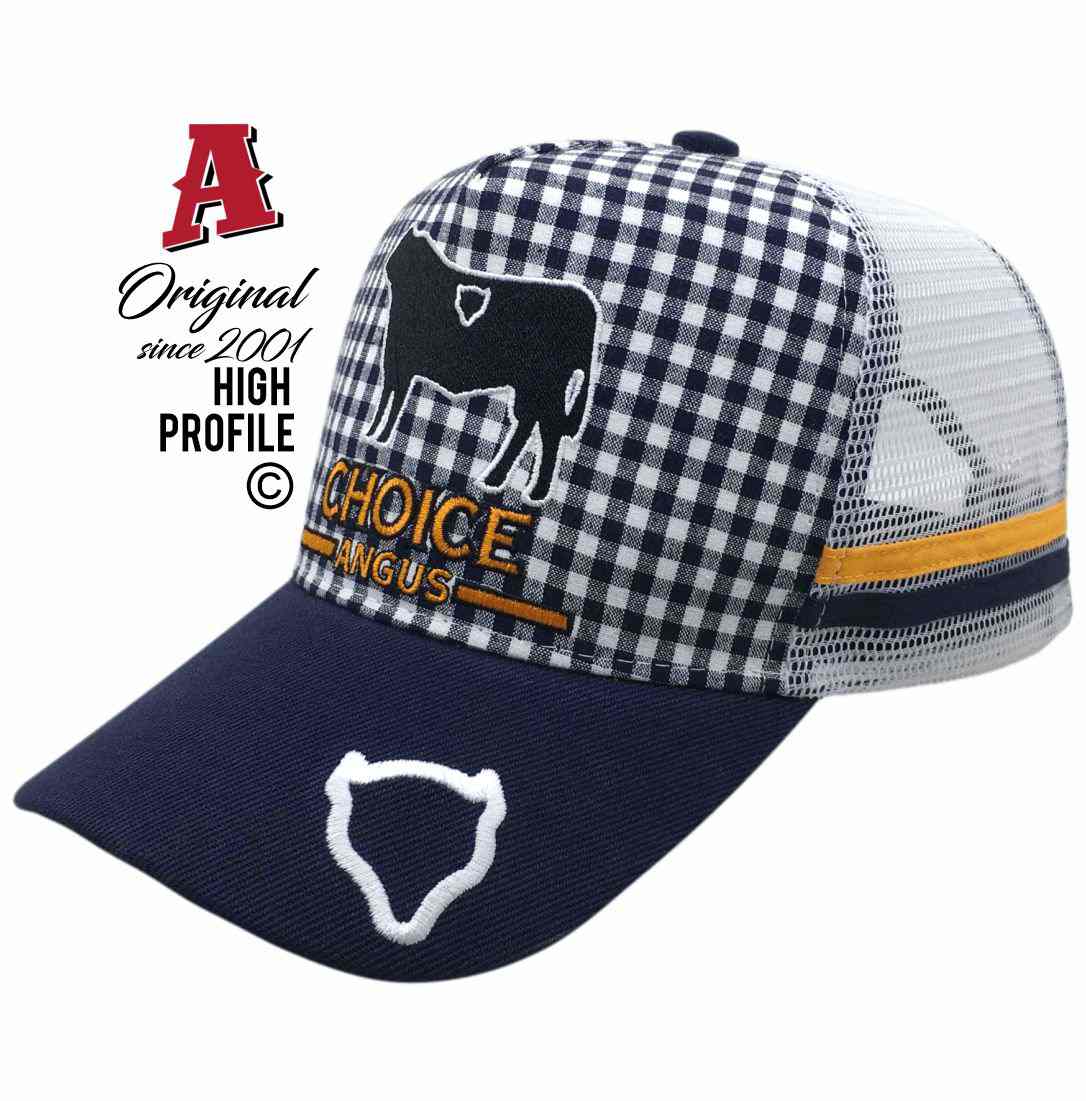 Choice Angus Pallal NSW 2404 HP Midrange navy Aussie Trucker Hats Australian HeadFit Crown & Double SideBands snapback rear closure gingham Livestock