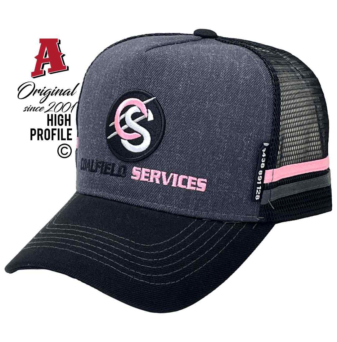 Coalfield Services Collinsville QLD 4804 HP Midrange Aussie Trucker Hats Australian HeadFit Crown & Double SideBands snapback rear closure grey black Mining