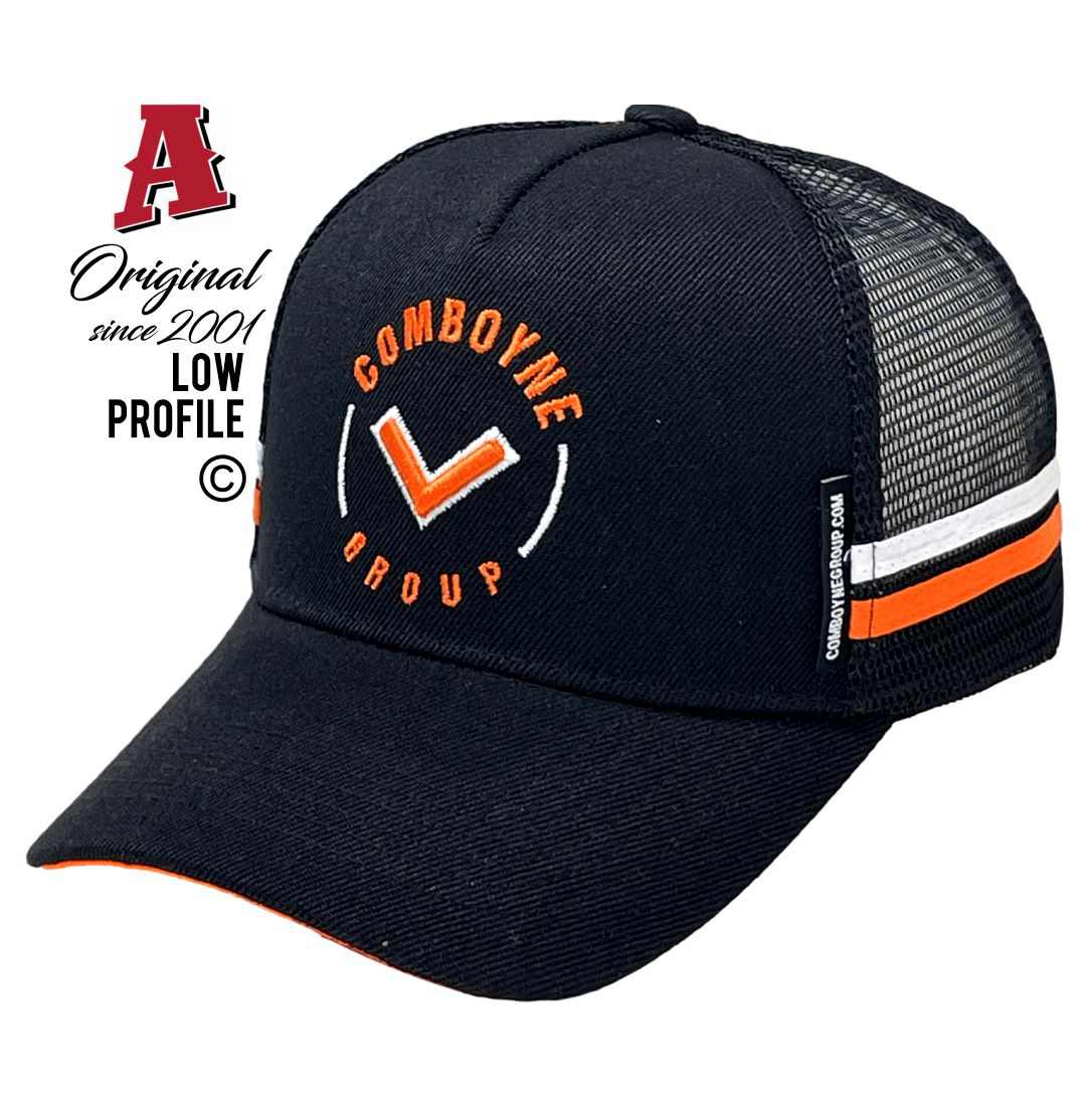 Comboyne Group Eagle Farm QLD 4009 LP Midrange Aussie Trucker Hats Australian HeadFit Crown & Double SideBands snapback rear closure black Construction