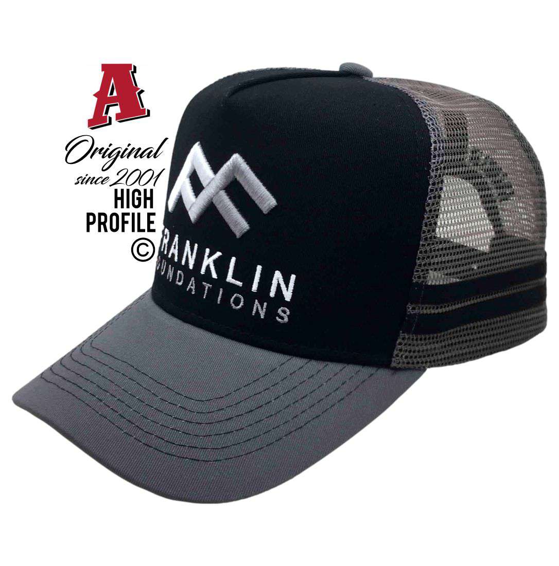 Franklin Foundations Roseworthy SA HP Midrange Aussie Trucker Hats Australian HeadFit Crown & Double SideBands snapback rear closure black grey Construction Small Business