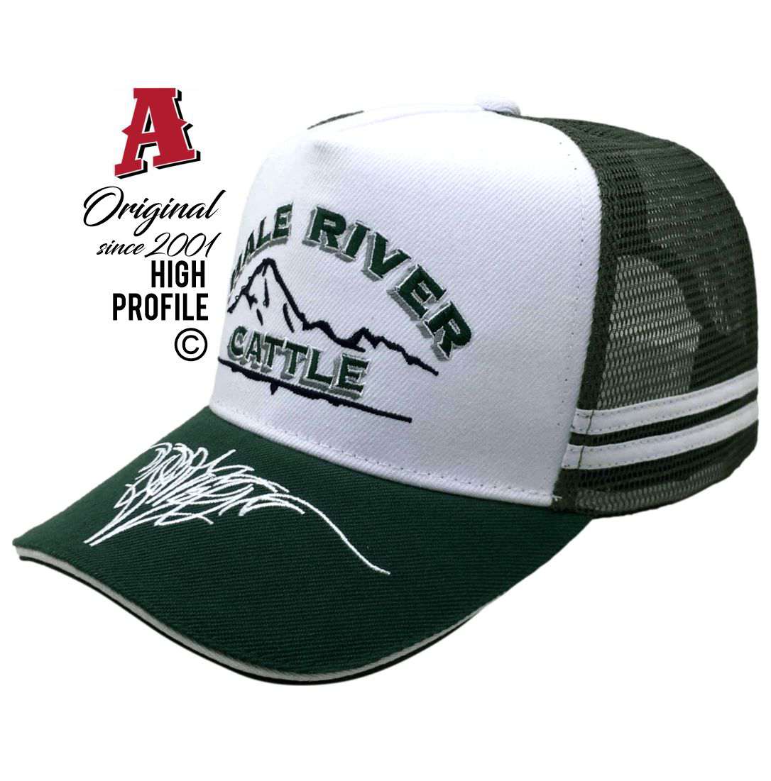 Hale River Cattle Clare SA 5453 HP Power Aussie Trucker Hats Australian HeadFit Crown & Double SideBands snapback rear closure white green Livestock