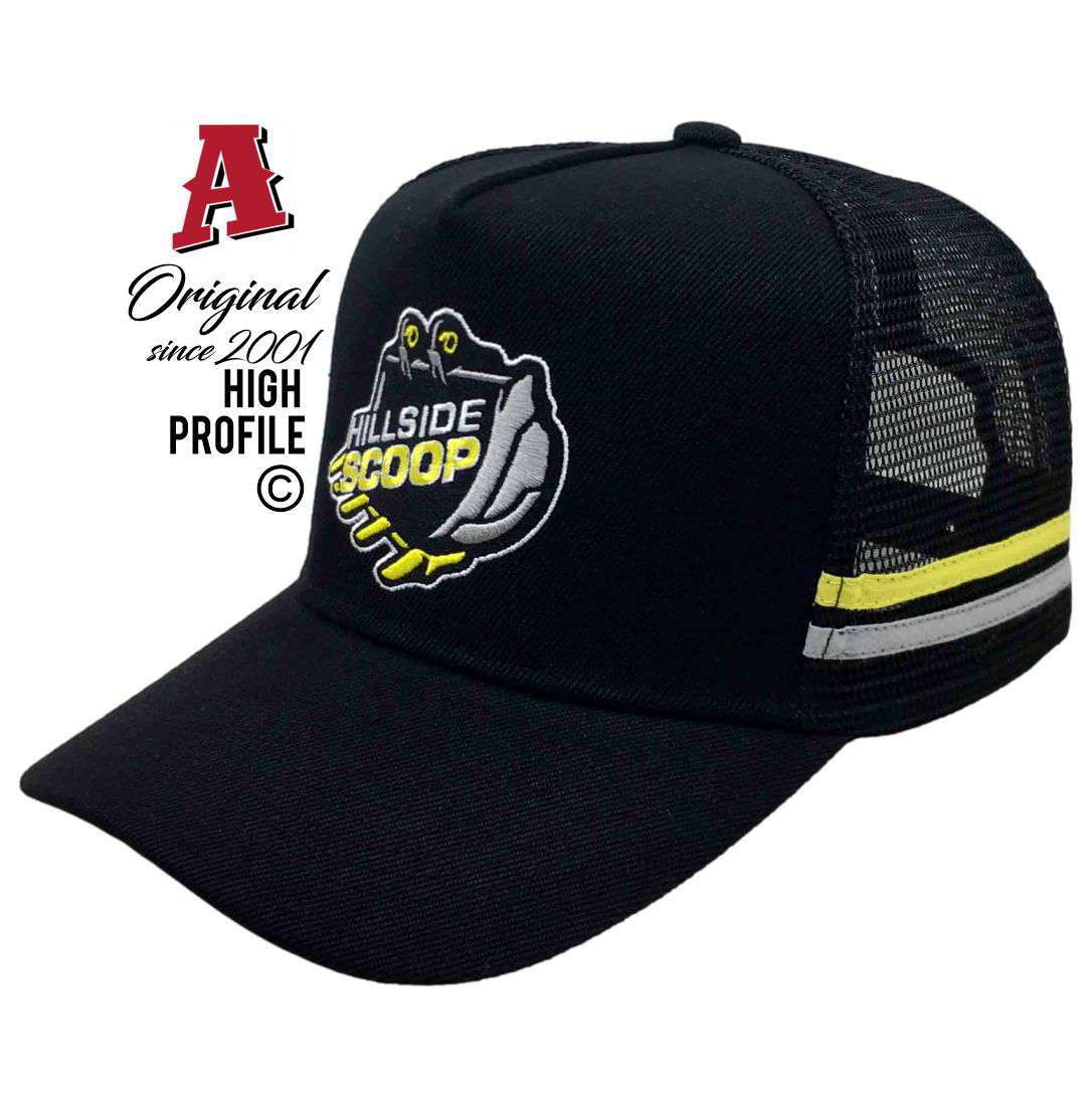 Hillside Scoop Black Hill NSW 2322 HP Basic Aussie Trucker Hats Australian HeadFit Crown & Double SideBands snapback rear closure black Construction