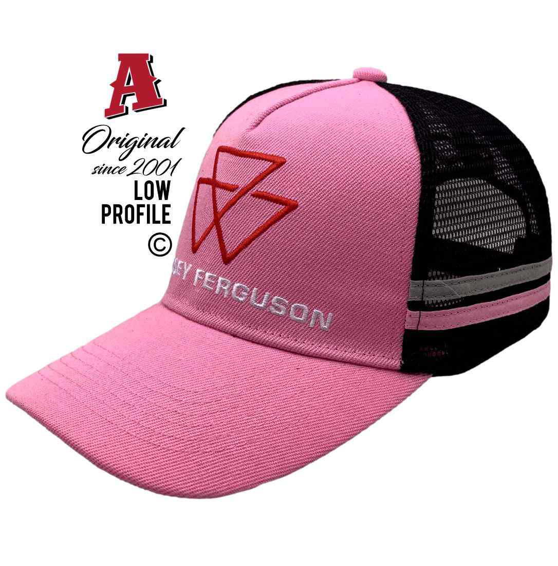 Massey Ferguson Cowra NSW 2794 LP Midrange Aussie Trucker Hats Australian HeadFit Crown & Double SideBands snapback rear closure pink black trucking