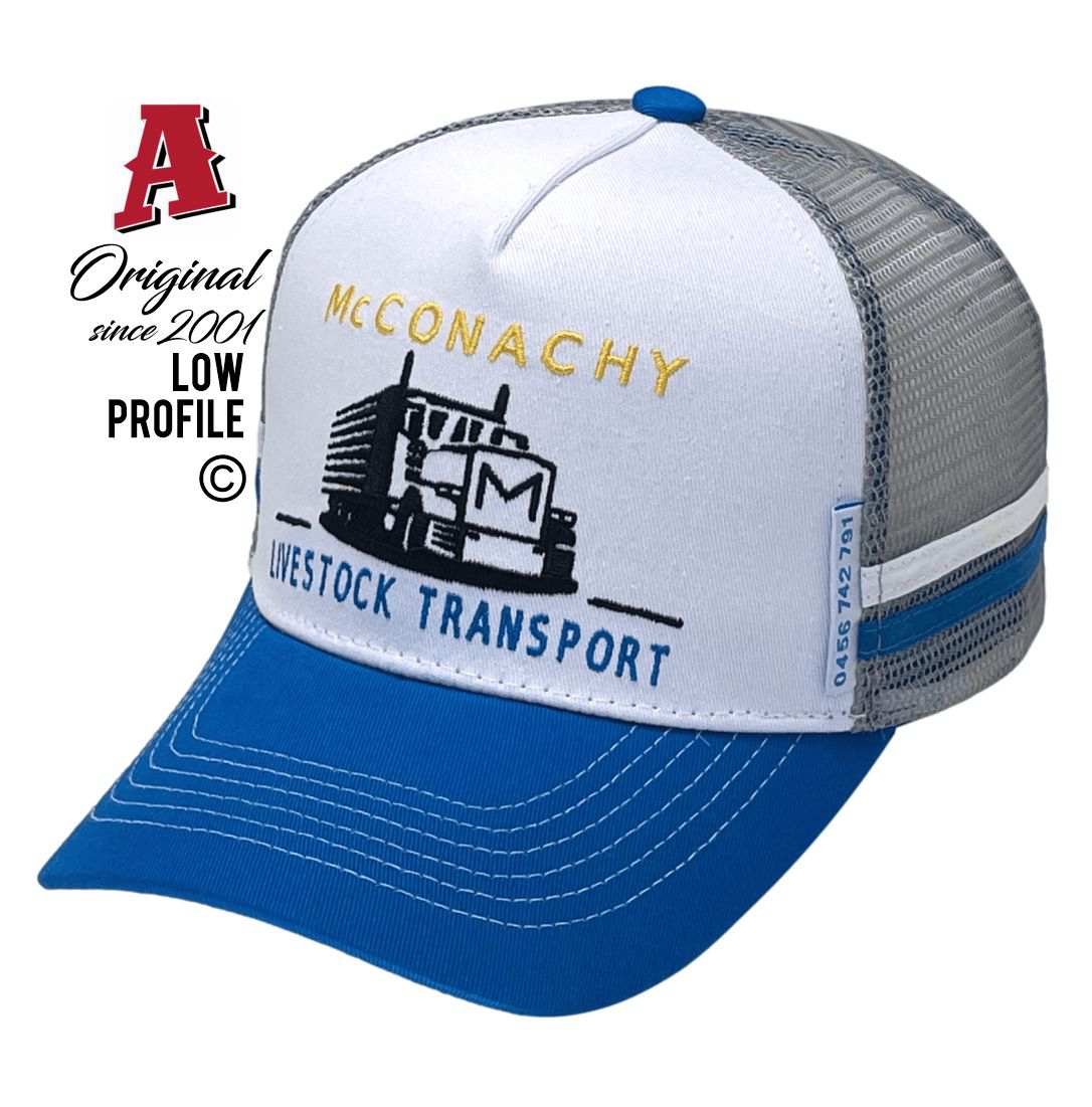 McConachy Livestock Transport Castlemaine VIC 3450 LP Midrange Aussie Trucker Hats Australian HeadFit Crown & Double SideBands snapback rear closure white grey Livestock