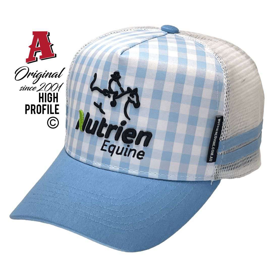 Nutrien Equine Tamworth NSW 2340 HP Midrange Aussie Trucker Hats with Australian Head Fit Crown and Double SideBands snapback rear closure sky blue Livestock