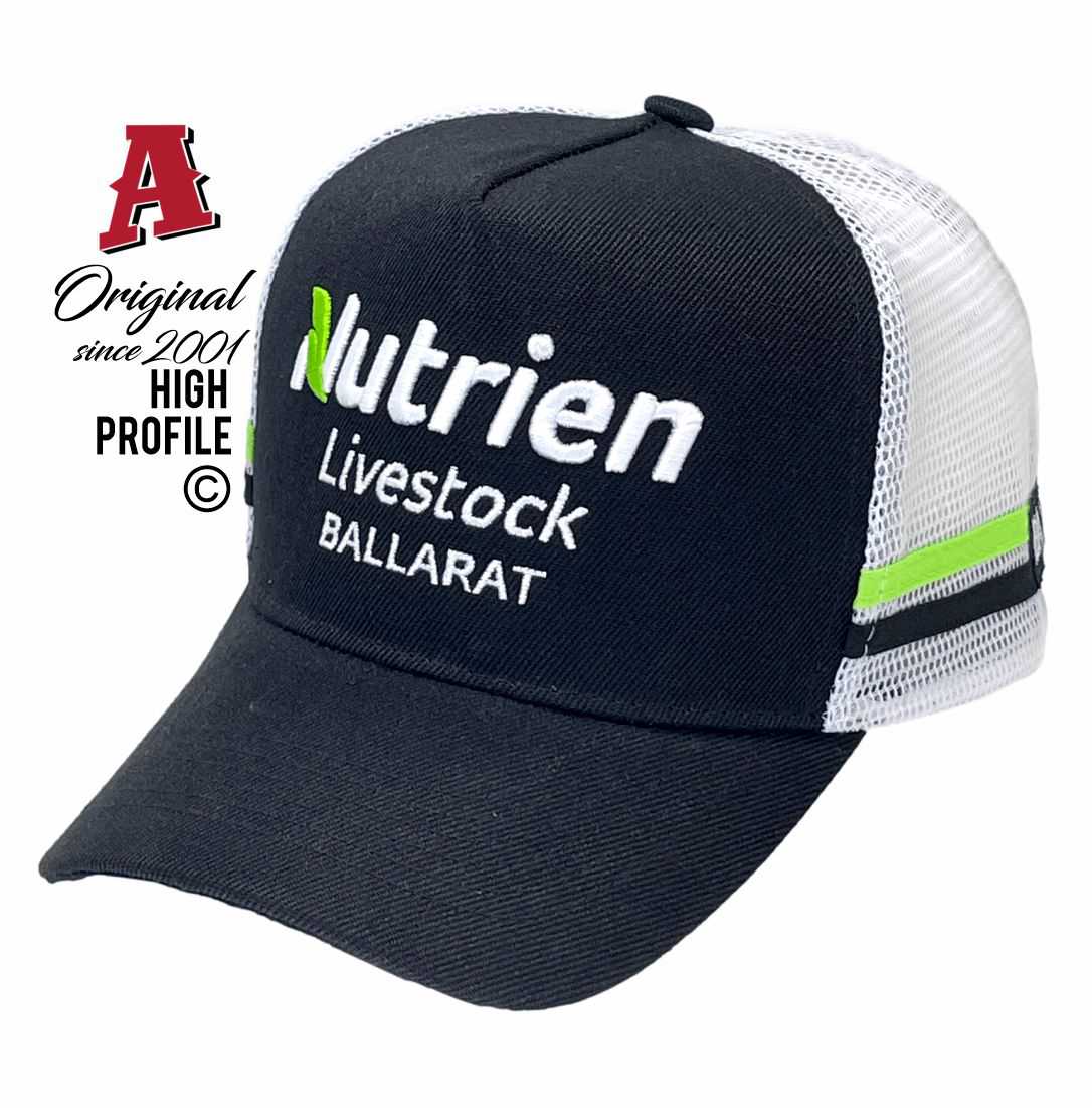 Nutrien Livestock Ballarat Ballarat VIC 3350 HP Midrange Aussie Trucker Hats Australian HeadFit Crown & Double SideBands snapback rear closure black white livestock