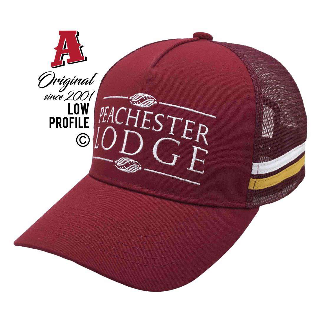 Peachester Lodge Peachester QLD 4519 LP Midrange Aussie Trucker Hats Australian HeadFit Crown & Double SideBands snapback rear closure dark red white Small Business