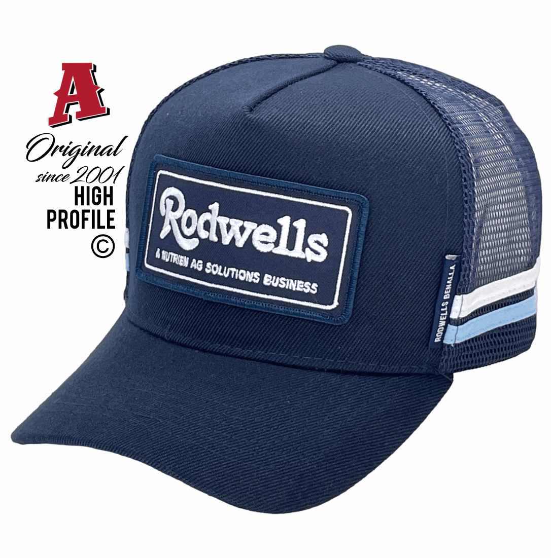 Rodwells Benalla Benalla VIC 3672 HP Midrange Aussie Trucker Hats Australian HeadFit Crown & Double SideBands snapback rear closure navy Livestock