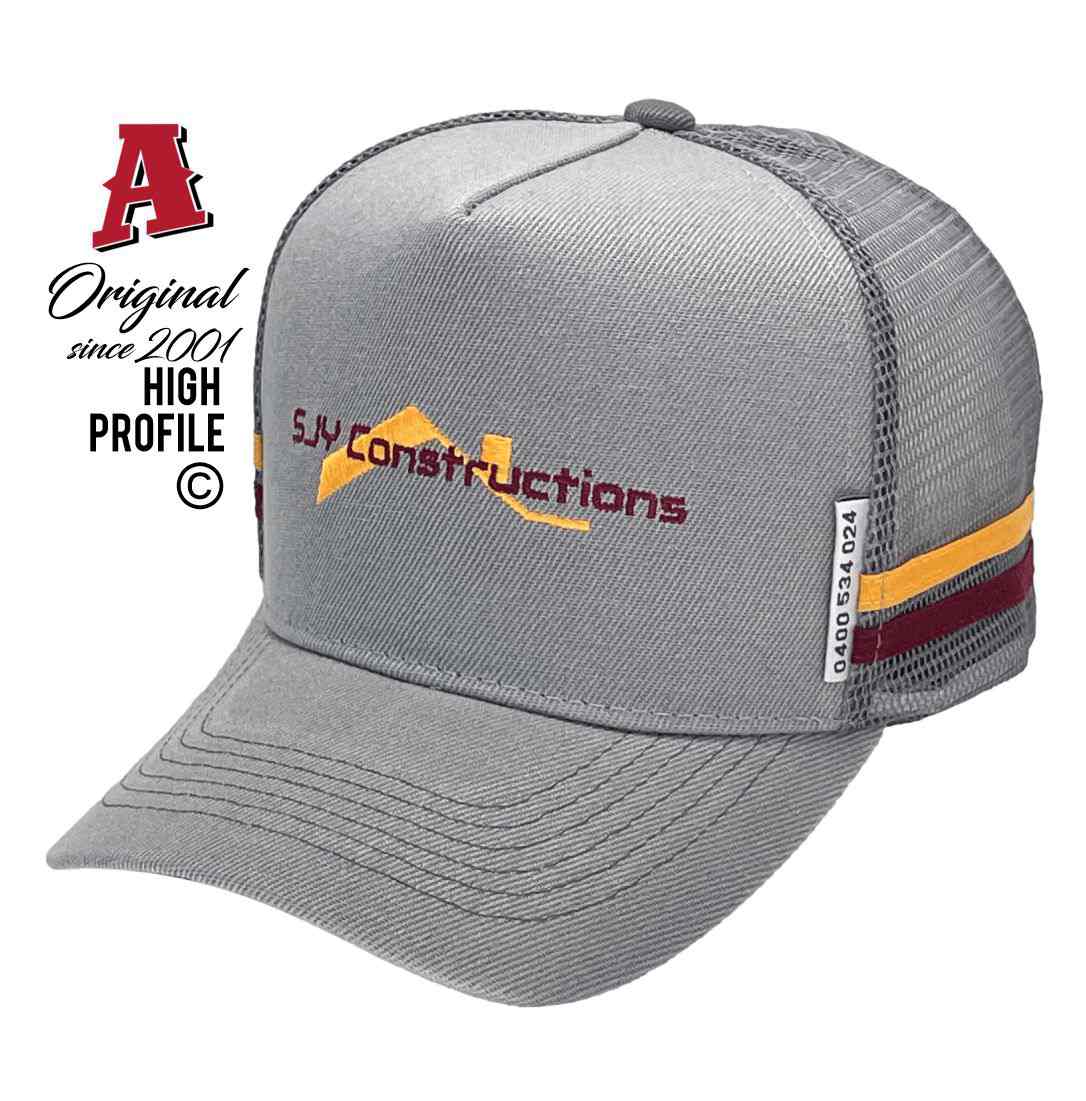 SJY Constructions Mount Isa QLD HP Basic Aussie Trucker Hats Australian HeadFit Crown & Double SideBands snapback rear closure grey Constructions