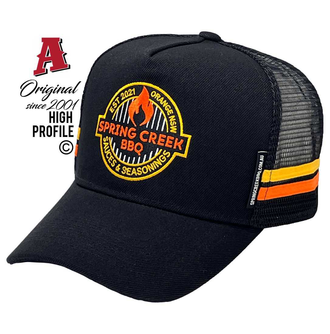 Spring Creek BBQ Co Orange NSW 2800 HP Basic Aussie Trucker Hats Australian HeadFit Crown & Double SideBands snapback rear closure black Small Business