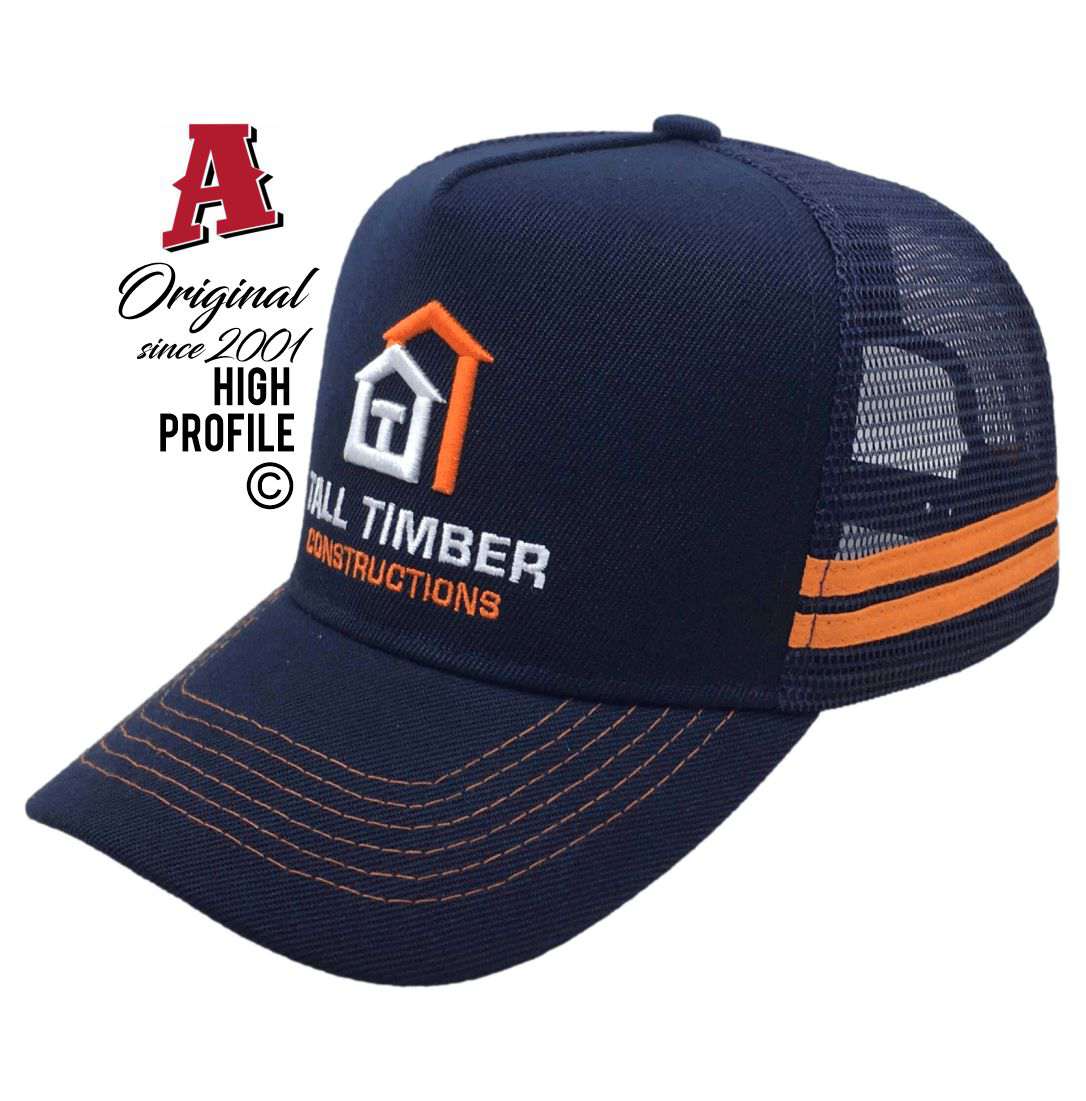 Tall Timber Construction Mudgee NSW 2850 HP Midrange Aussie Trucker Hats Australian HeadFit Crown & Double SideBands snapback rear closure navy Construction