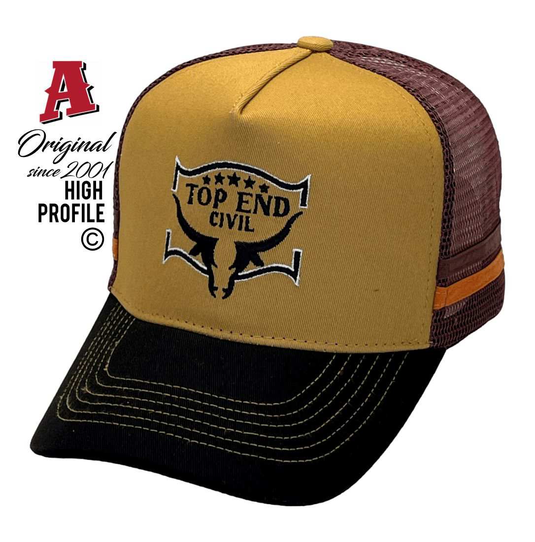 Top End Civil Darwin NT 0800 HP Midrange Aussie Trucker Hats Australian HeadFit Crown & Double SideBands snapback rear closure khaki brown Construction