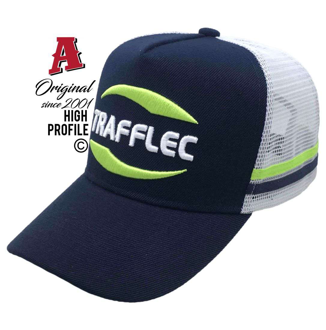 Trafflec Bells Creek QLD 4551 HP Midrange Aussie Trucker Hats Australian HeadFit Crown & Double SideBands snapback rear closure navy white Construction