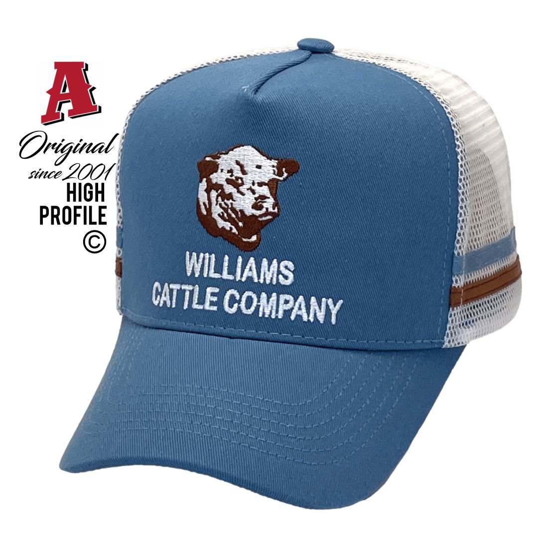 Williams Cattle Company Nilpinna Station Coober Pedy SA 5723 HP Midrange Aussie Trucker Hats Australian HeadFit Crown & Double SideBands snapback rear closure blue Livestock