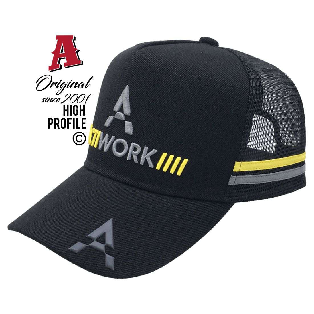 Actiwork Mcdougalls Hill NSW 2330 HP Midrange Aussie Trucker Hats Australian HeadFit Crown & Double SideBands snapback rear closure black Construction