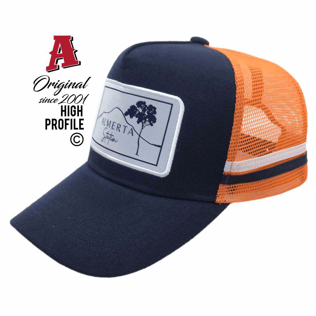 Almerta Station Carrieton SA 5432 HP Midrange Aussie Trucker Hats Australian HeadFit Crown & Double SideBands snapback rear closure navy orange Rural Services