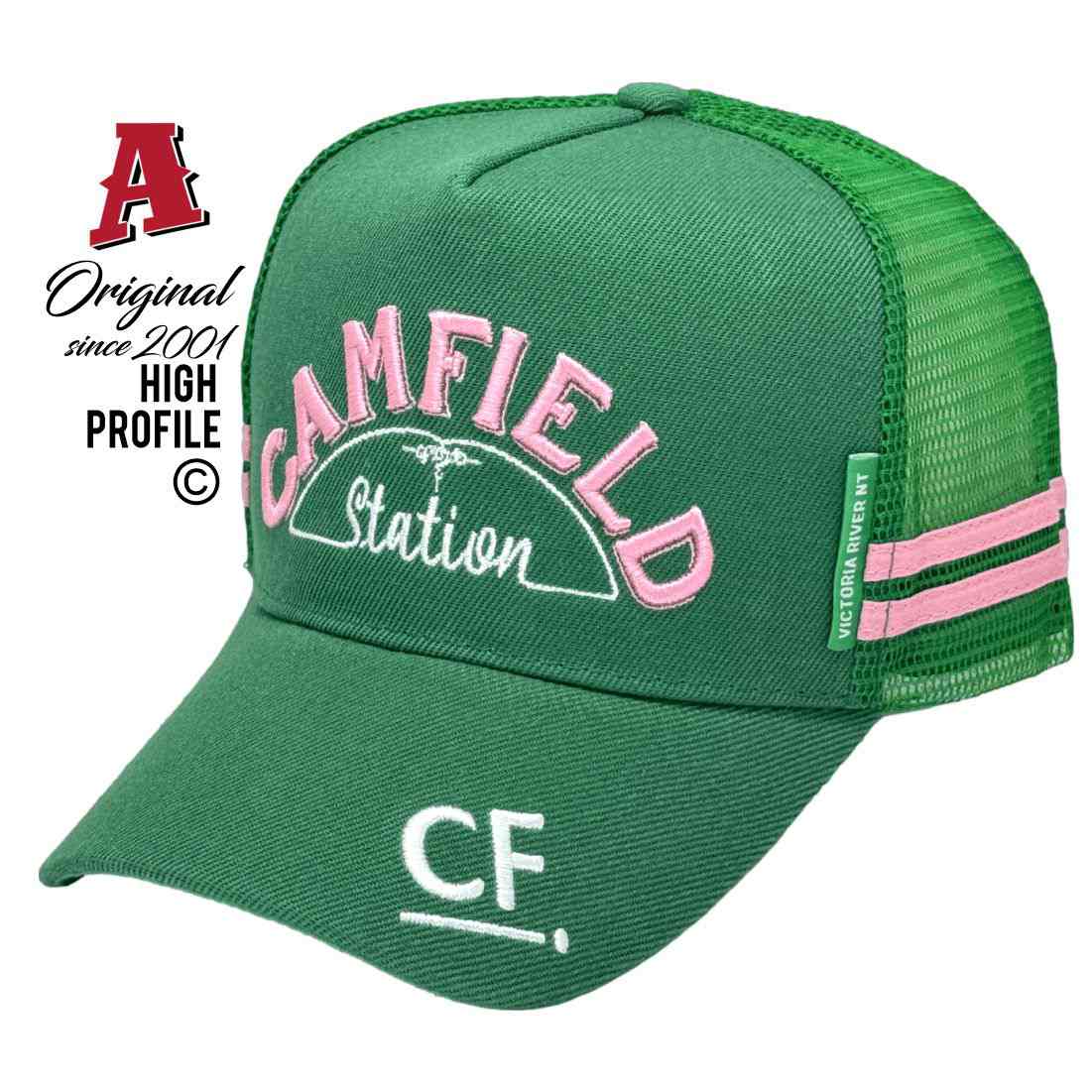 Camfield Station Social Club Katherine NT 0851 HP Midrange Aussie Trucker Hats Australian HeadFit Crown & Double SideBands snapback rear closure green Livestock