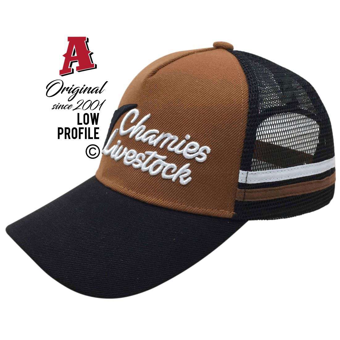 Chamie's Livestock Alma WA 6535 LP Midrange Aussie Trucker Hats Australian HeadFit Crown & Double SideBands snapback rear closure brown black livestock