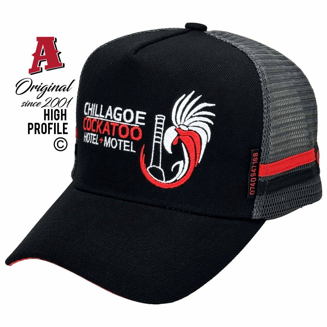 Chillagoe Hotel Motel Cairns QLD 4870 HP Midrange Aussie Trucker Hats Australian HeadFit Crown & Double SideBands snapback rear closure black grey Small Business