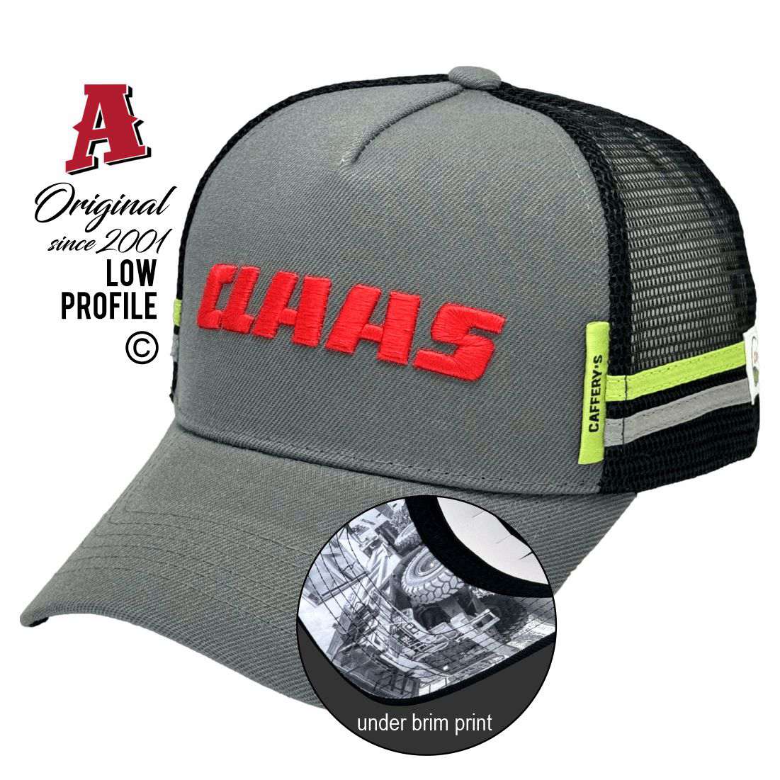 Claas Harvest Centre Echuca Echuca VIC 3564 LP Midrange Aussie Trucker Hats Australian HeadFit Crown & Double SideBands snapback rear closure grey black Machinery