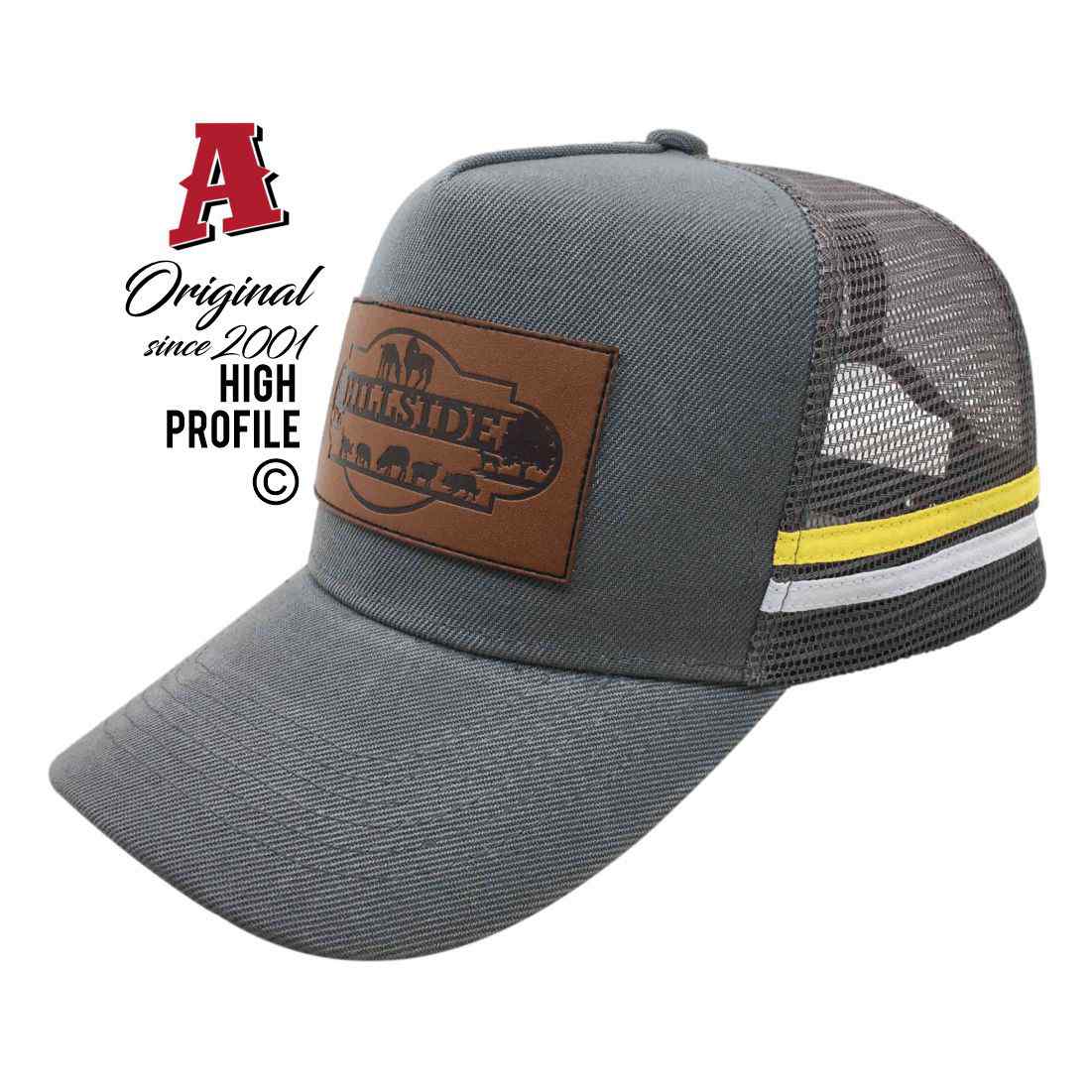 Hillside Black Hill NSW 2322 HP Midrange Aussie Trucker Hats Australian HeadFit Crown & Double SideBands snapback rear closure grey Livestock