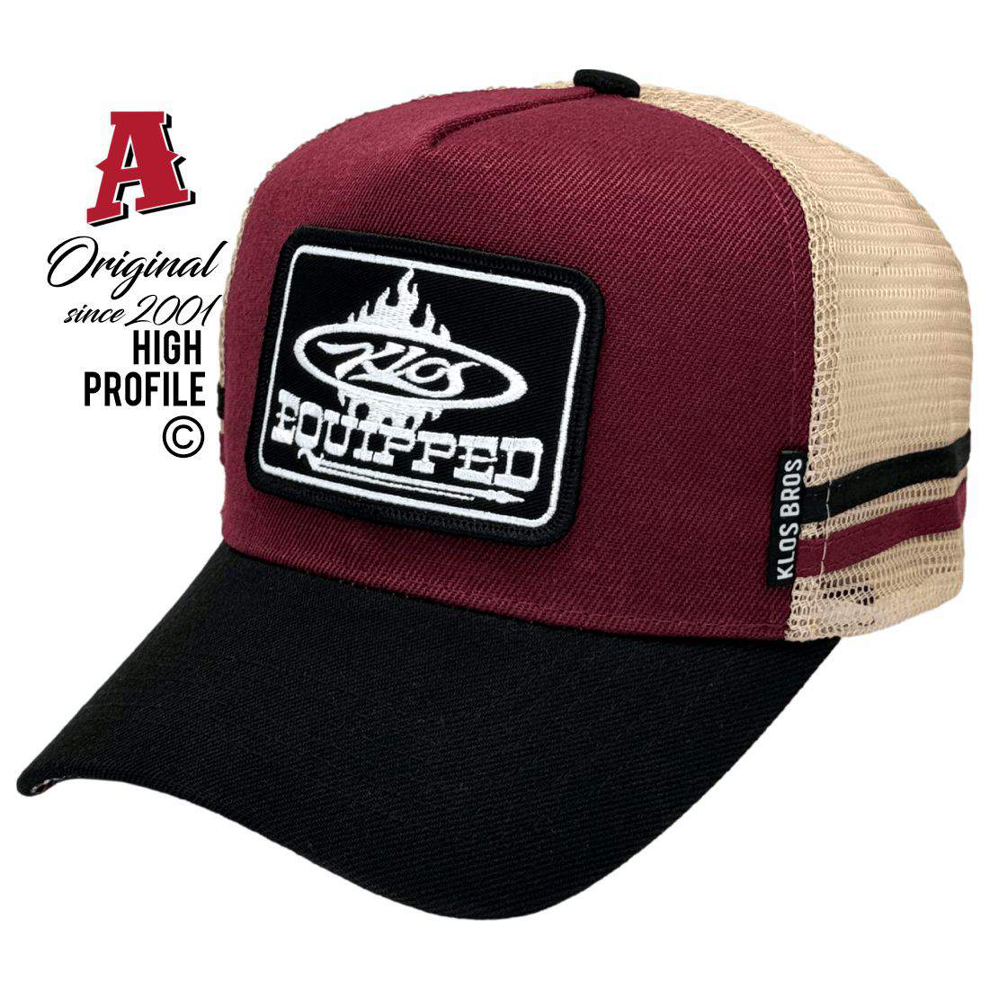 Klos Equipped Custom Trucks North Shore VIC 3214 HP Basic Aussie Trucker Hat with Australian Head Fit Crown with Double Sidebands rear closure maroon khaki Small Business