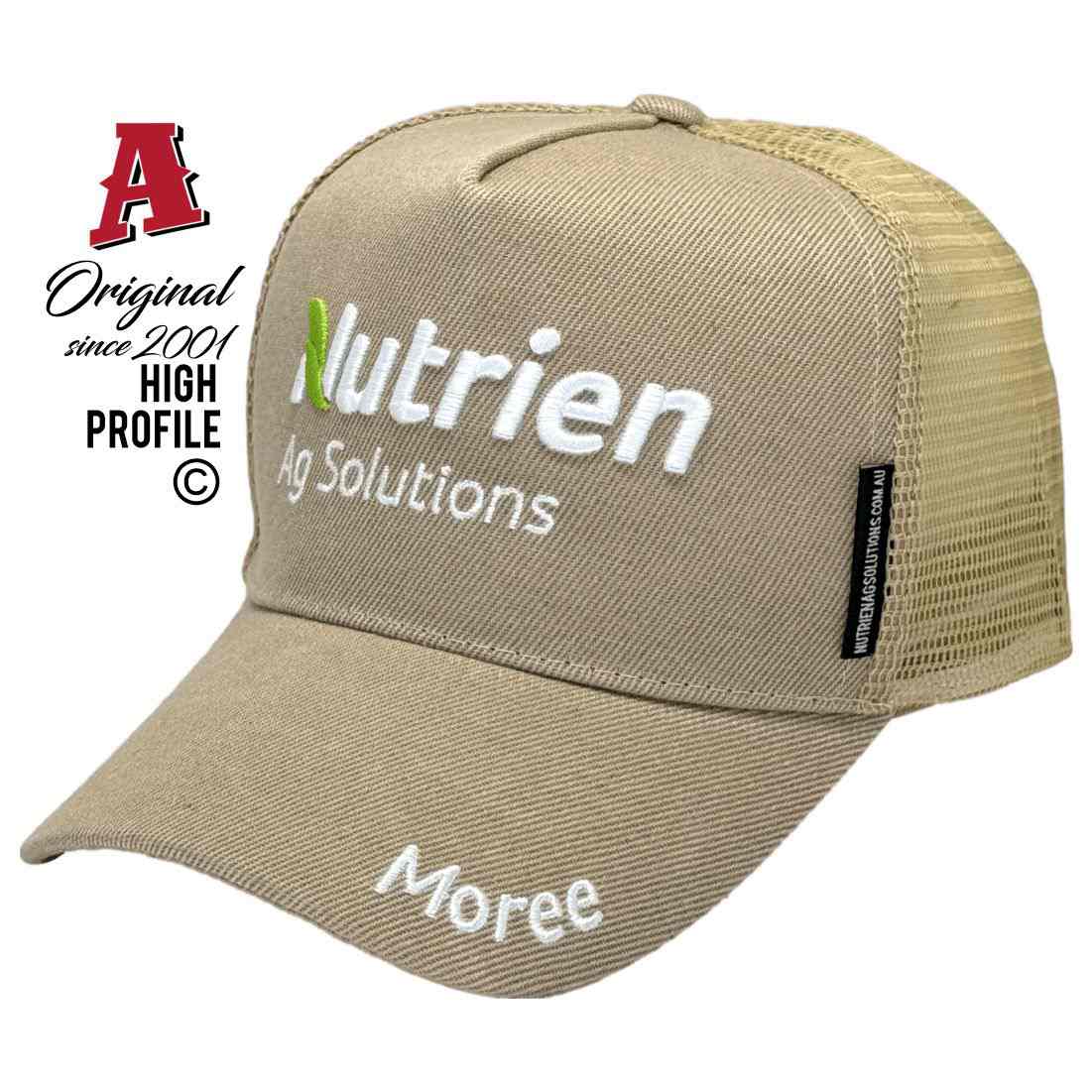 Nutrien Moree NSW 2400 HP Midrange Aussie Trucker Hats Australian HeadFit Crown & Double SideBands snapback rear closure khaki Agriculture