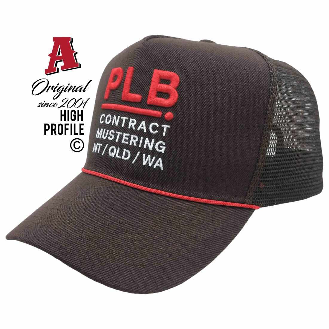 PLB Contract Mustering Broome WA 6725 HP Basic Aussie Trucker Hats Australian HeadFit Crown & Double SideBands snapback rear closure brown livestock Farming