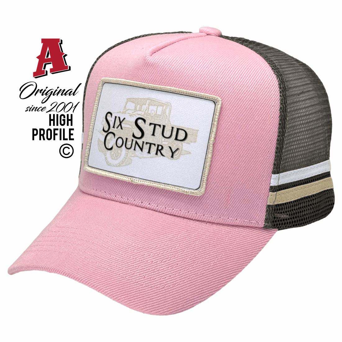 Six Stud Country Gregory QLD 4830 HP Midrange Aussie Trucker Hats Australian HeadFit Crown & Double SideBands snapback rear closure pink dark grey