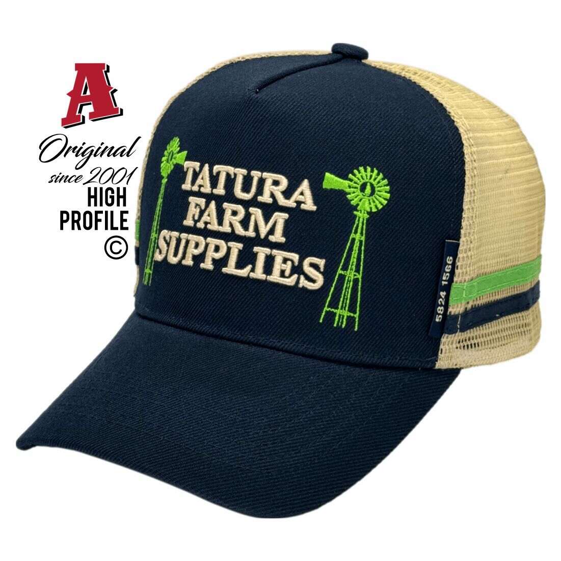 Tatura Farm Supplies Tatura VIC 3616 HP Midrange Aussie Trucker Hats Australian HeadFit Crown & Double SideBands snapback rear closure navy cream Livestock Farming