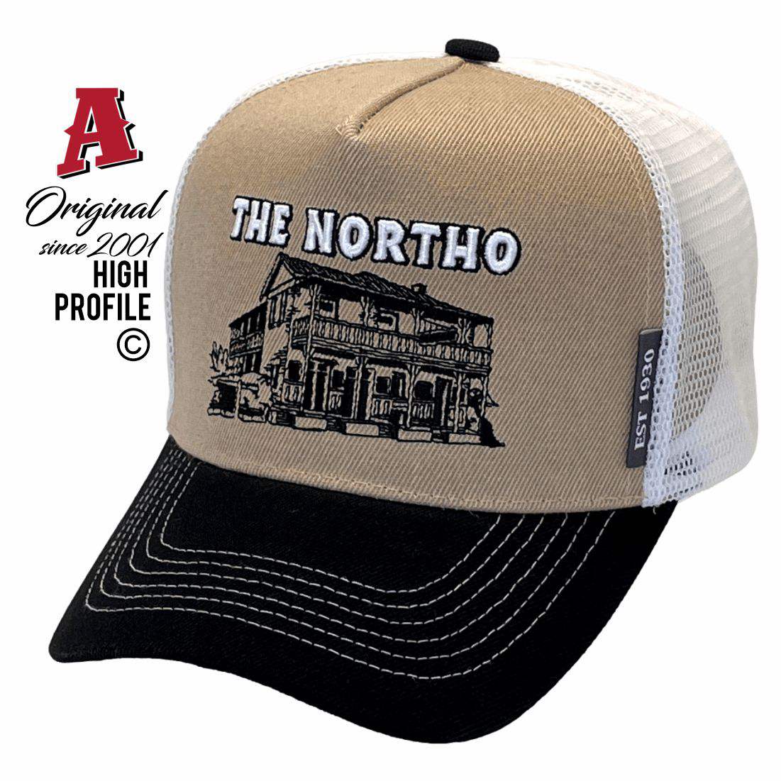 The Northo Pub Kurmond NSW 2757 HP Basic Aussie Trucker Hats Australian HeadFit Crown & Double SideBands snapback rear closure khaki white Small Business