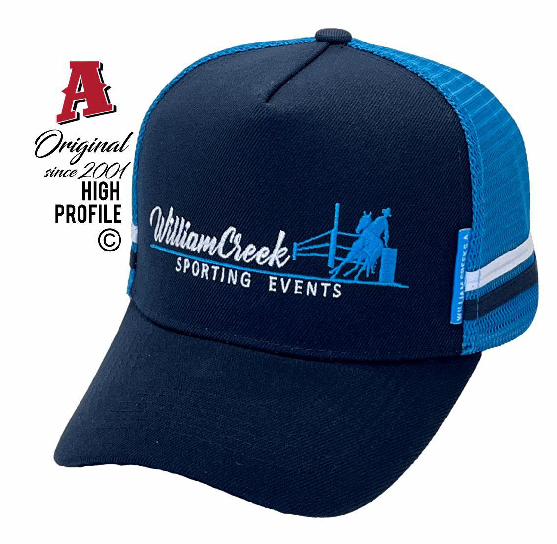 William Creek Sporting Club Coober Pedy SA 5723 HP Midrange Aussie Trucker Hats Australian HeadFit Crown & Double SideBands snapback rear closure navy sky Local Events Sports