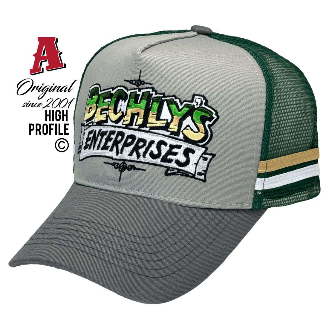 Bechly's Enterprises Winya QLD 4515 HP Midrange Aussie Trucker Hats Australian HeadFit Crown & Double SideBands snapback rear closure grey green Transport