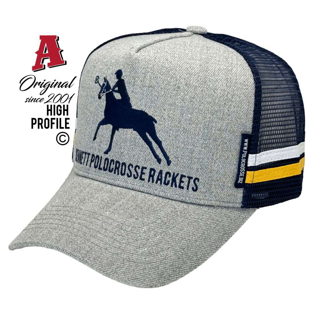 Bennett Polocrosse Rackets Toowoomba QLD 4350 HP Power Aussie Trucker Hats Australian HeadFit Crown & Double SideBands snapback rear closure grey navy Small Business