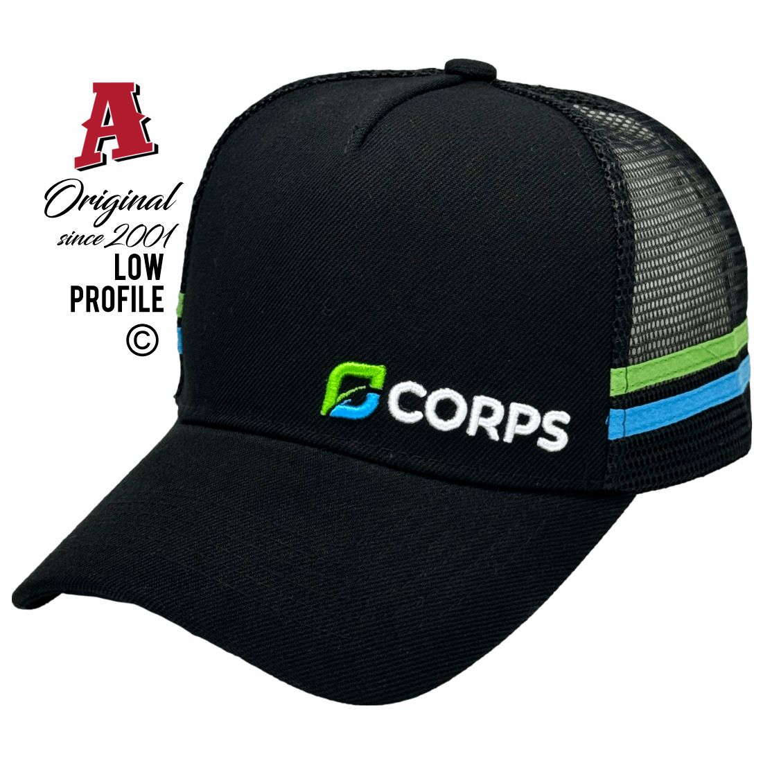 Corps Group Subiaco WA 6008 LP Midrange Aussie Trucker Hats Australian HeadFit Crown & Double SideBands snapback rear closure black Machinery Construction