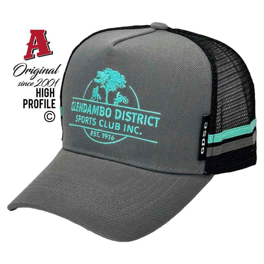 Glendambo District Sports Club Inc. Glendambo SA HP Basic Aussie Trucker Hats Australian HeadFit Crown & Double SideBands snapback rear closure grey black Local Events