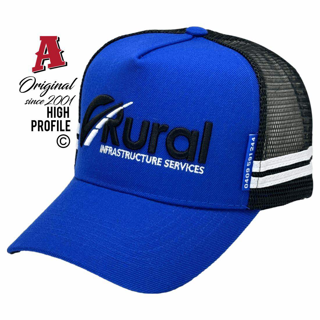 Rural Infrastructure Services Perth WA HP Basic Aussie Trucker Hats Australian HeadFit Crown & Double SideBands snapback rear closure blue black Construction