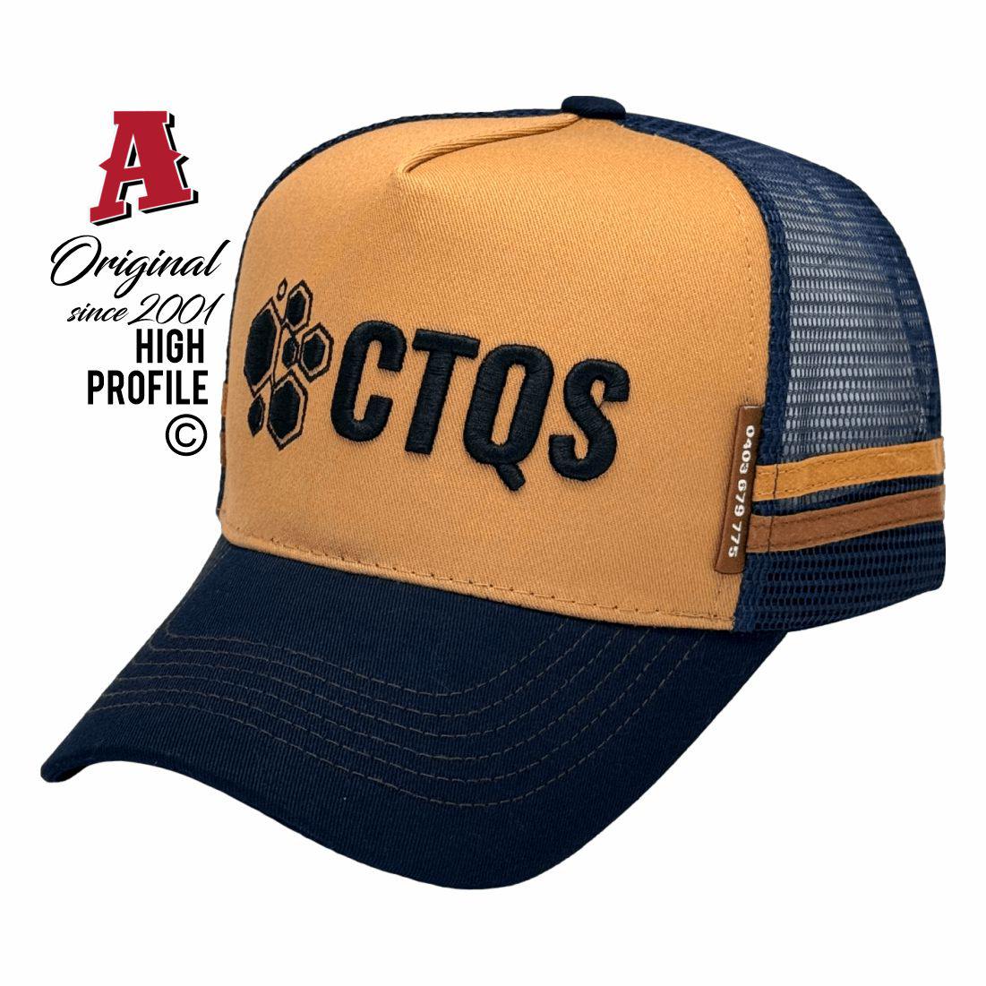 Construction Testing & Quality Sevices Dalby QLD 4405 HP Midrange Aussie Trucker Hats Australian HeadFit Crown & Double SideBands snapback rear closure tan navy Construction