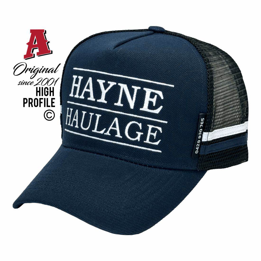 Hayne Haulage Garah NSW 2405 HP Midrange Aussie Trucker Hats Australian HeadFit Crown & Double SideBands snapback rear closure navy black Transport