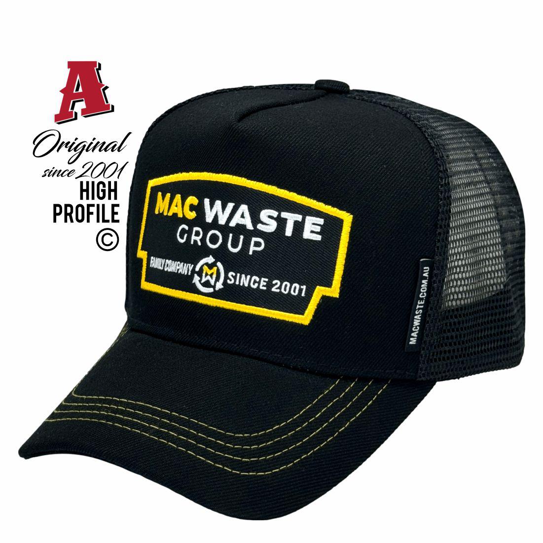 Mac Waste Group Maffra VIC 3860 HP Basic Aussie Trucker Hats Australian HeadFit Crown & Double SideBands snapback rear closure black Rural Services