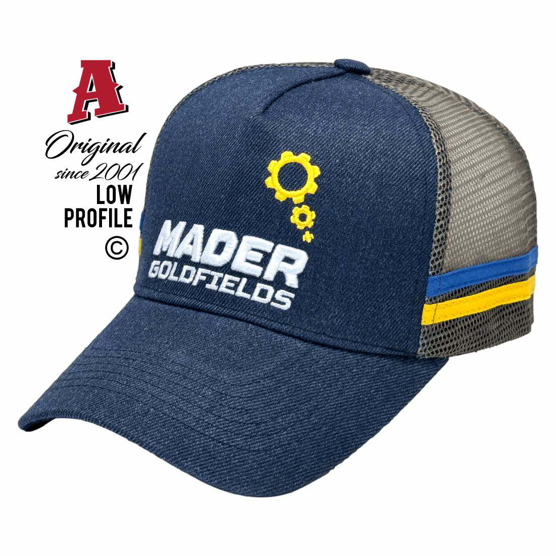 Mader Goldfields Perth Airport WA 6105 LP Midrange Aussie Trucker Hats Australian HeadFit Crown & Double SideBands snapback rear closure navy weave grey Rural Services