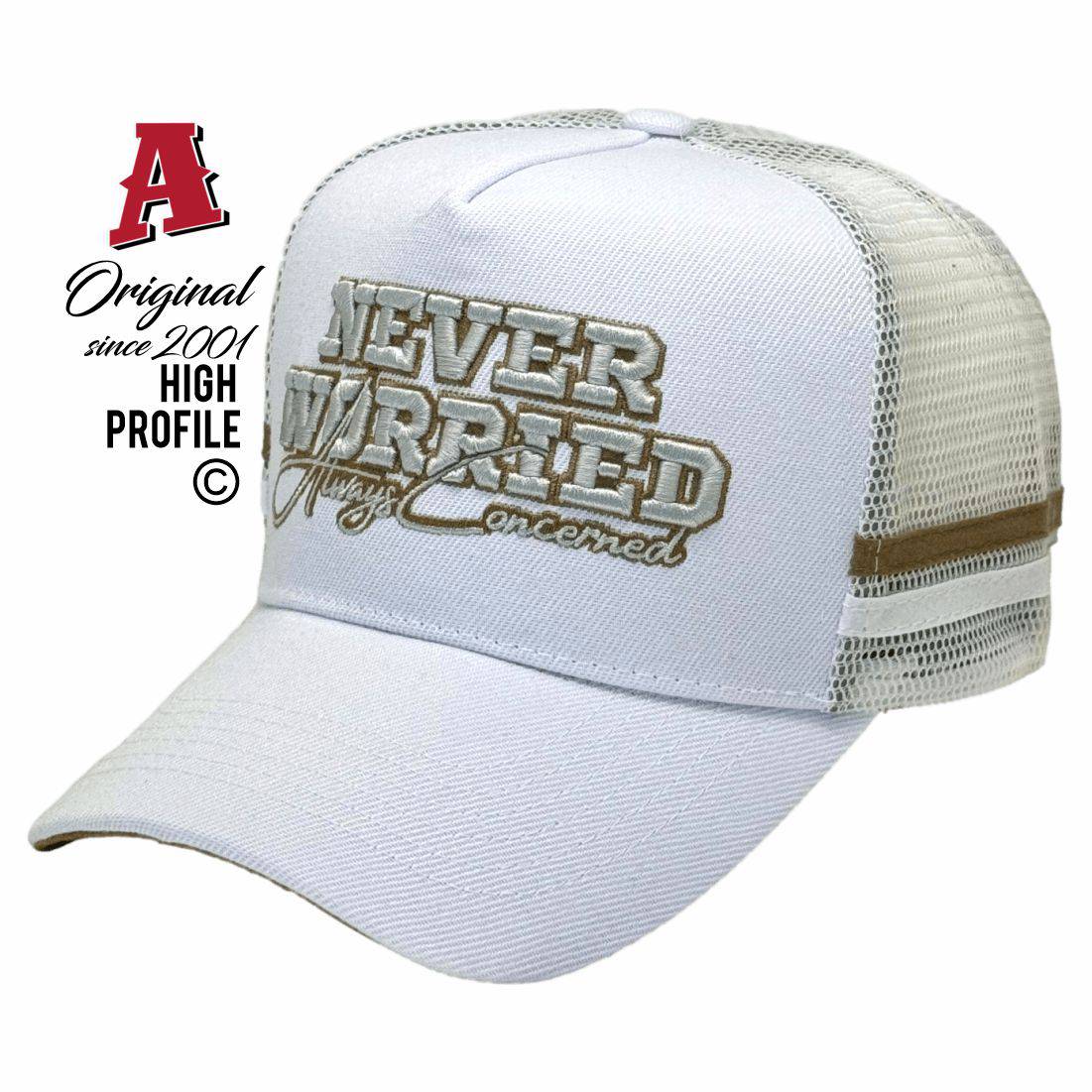 Never Worried Glenroy VIC 3046 HP Midrange Aussie Trucker Hats Australian HeadFit Crown & Double SideBands snapback rear closure white Local Events