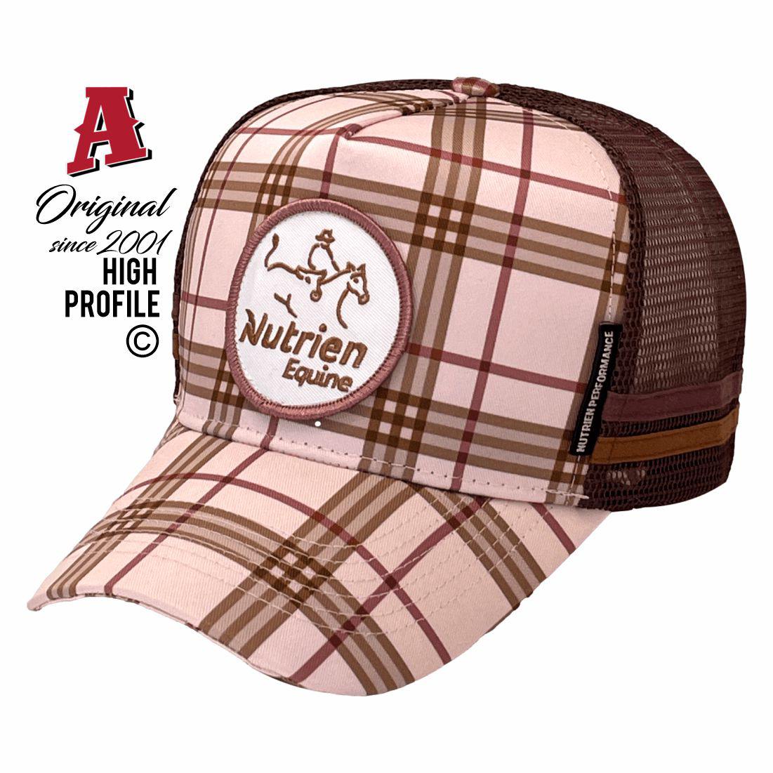 Nutrien Equine Tamworth NSW 2340 HP Midrange Aussie Trucker Hats Australian HeadFit Crown & Double SideBands snapback rear closure plaid brown Livestock