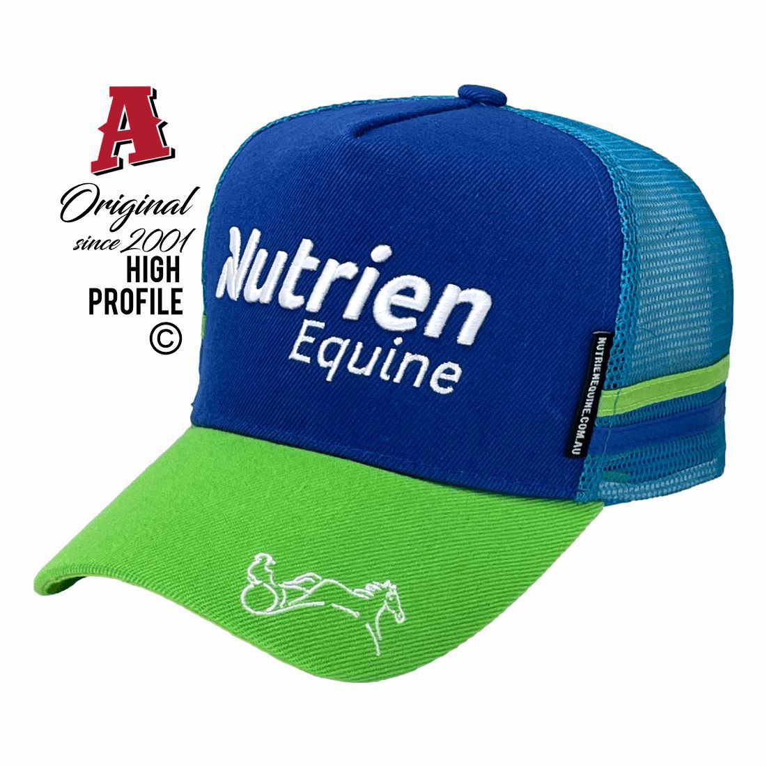 Nutrien Equine Tamworth NSW 2340 HP Midrange Aussie Trucker Hats Australian HeadFit Crown & Double SideBands snapback rear closure blue aqua blue Livestock