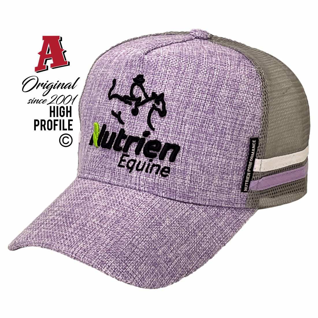 Nutrien Equine Tamworth NSW 2340 HP Midrange Aussie Trucker Hats Australian HeadFit Crown & Double SideBands snapback rear closure openweave light purple grey Livestock