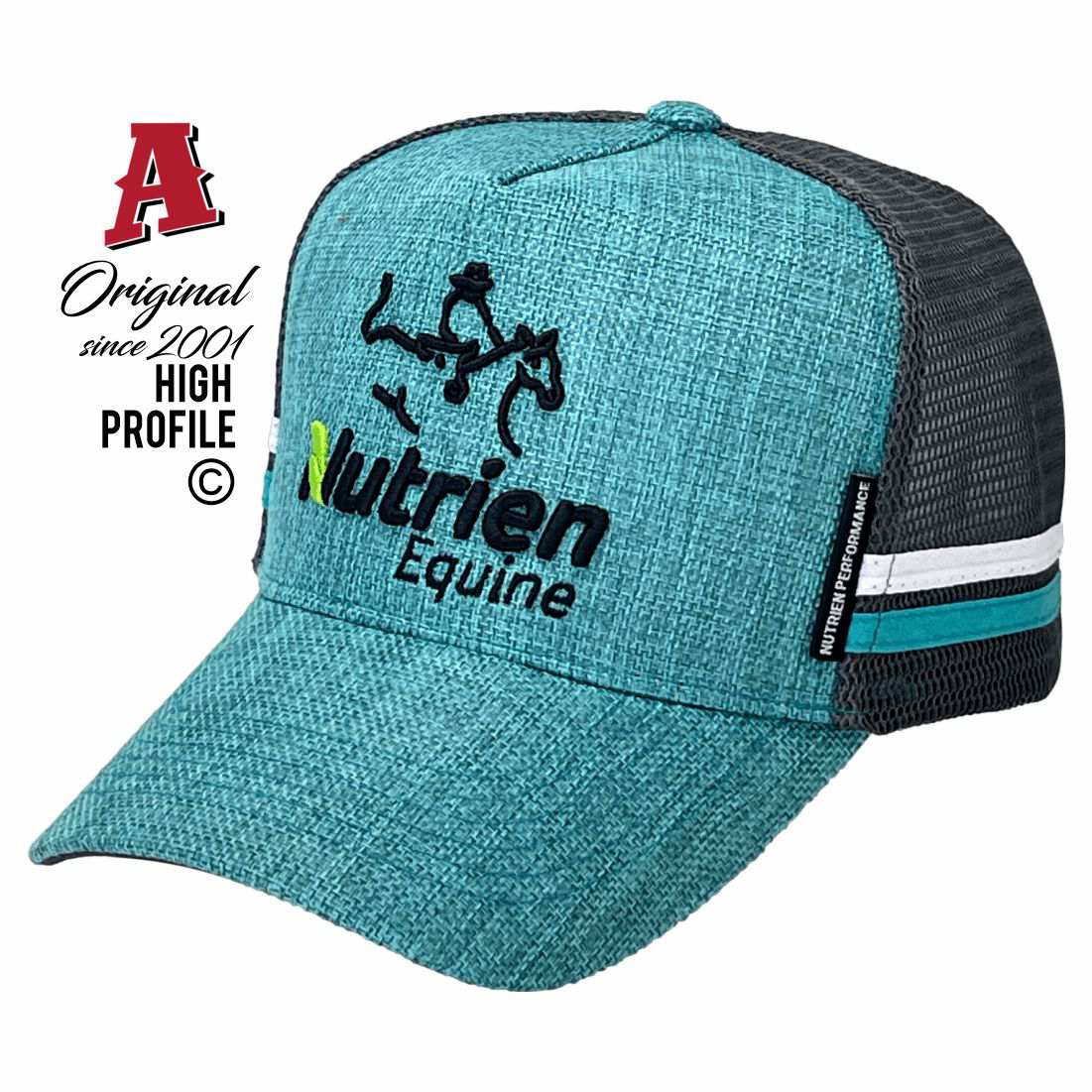 Nutrien Equine Tamworth NSW 2340 HP Midrange Aussie Trucker Hats with Australian Head Fit Crown & Double SideBands snapback rear closure openweave teal black Livestock