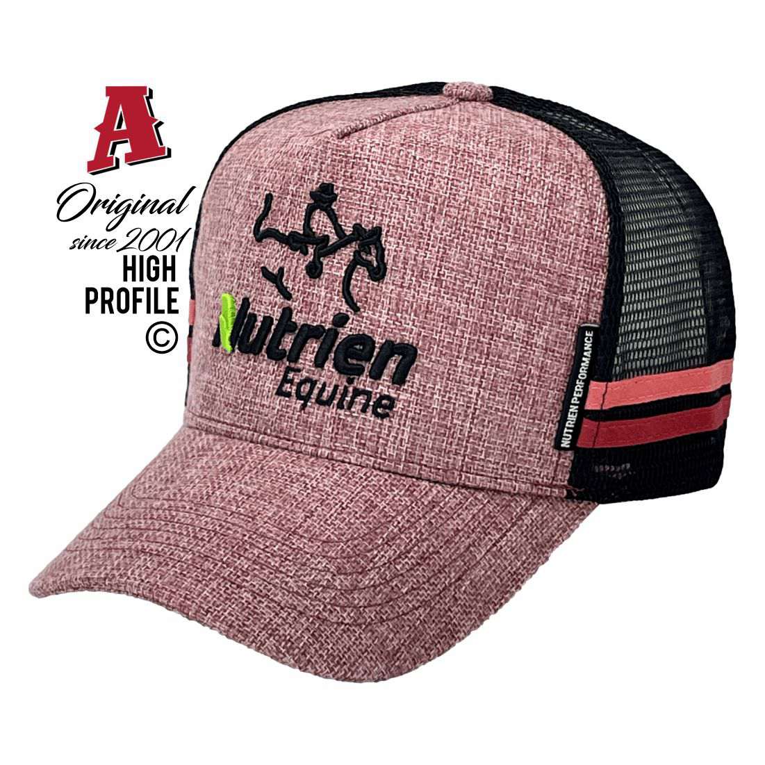 Nutrien Equine Tamworth NSW 2340 HP Midrange Aussie Trucker Hats with Australian Head Fit Crown & Double SideBands snapback rear closure openweave dusty pink black Livestock