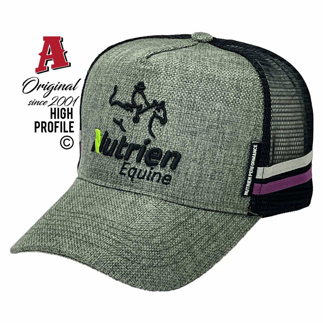 Nutrien Equine Tamworth NSW 2340 HP Midrange Aussie Trucker Hats with Australian Head Fit Crown snapback rear closure openweave grey black Livestock